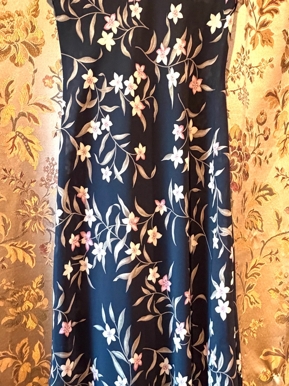 Vintage Floral Black Ronni Nicole Chiffon A-Line Bias Cut Maxi Dress